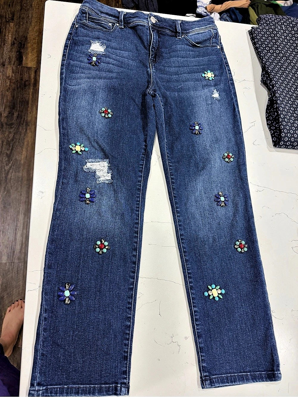 Chico's So Slimming Girlfriend Distressed Jeans with Floral Bead Embellishments